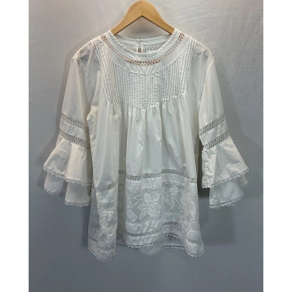 Mi‎ Golondrina Tunic Top LG Long Bell Sleeve White Pin Tucked Crochet